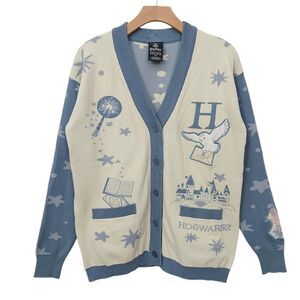 Harry Potter Hogwarts Icons Allover Print Cardigan Womens Small Beige Academia